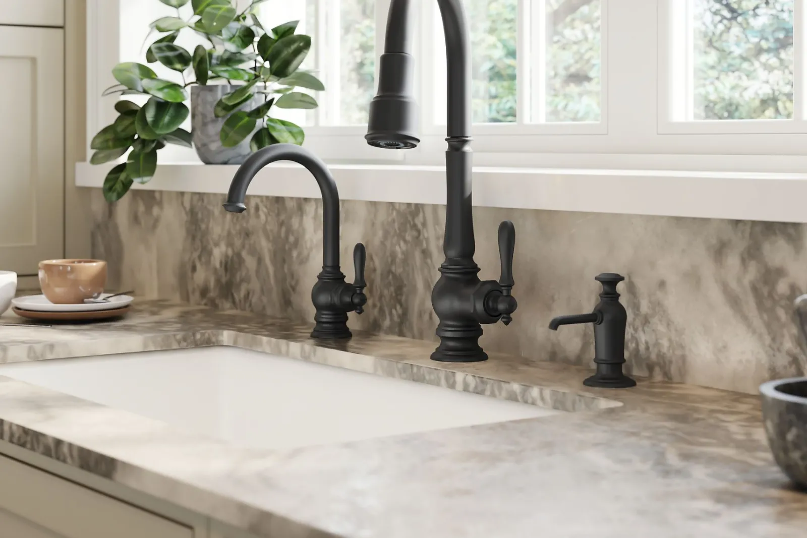 Touchless pull-down kitchen sink faucet with three-function sprayhead^Kohler