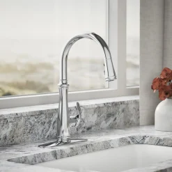 Touchless pull-down kitchen sink faucet with three-function sprayhead^Kohler