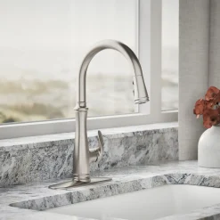 Touchless pull-down kitchen sink faucet with three-function sprayhead^Kohler