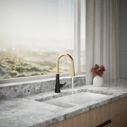 Touchless pull-down kitchen sink faucet with three-function sprayhead^Kohler