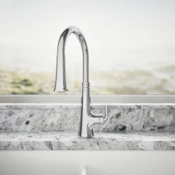 Touchless pull-down kitchen sink faucet with three-function sprayhead^Kohler