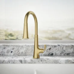 Touchless pull-down kitchen sink faucet with three-function sprayhead^Kohler