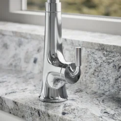 Touchless pull-down kitchen sink faucet with three-function sprayhead^Kohler
