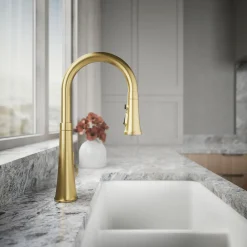 Touchless pull-down kitchen sink faucet with three-function sprayhead^Kohler