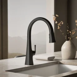 Touchless pull-down kitchen sink faucet with three-function sprayhead^Kohler