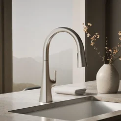 Touchless pull-down kitchen sink faucet with three-function sprayhead^Kohler