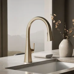 Touchless pull-down kitchen sink faucet with three-function sprayhead^Kohler
