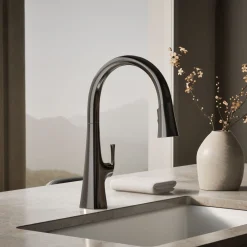 Touchless pull-down kitchen sink faucet with three-function sprayhead^Kohler