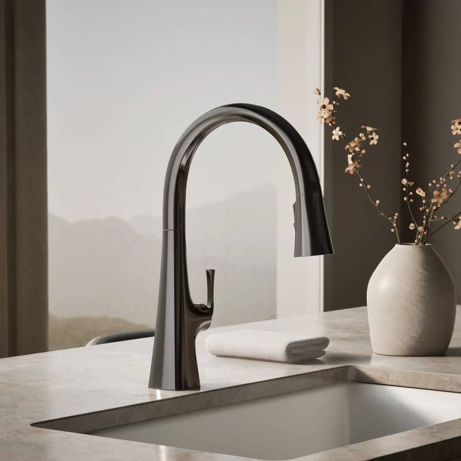 Touchless pull-down kitchen sink faucet with three-function sprayhead^Kohler