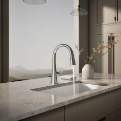 Touchless pull-down kitchen sink faucet with three-function sprayhead^Kohler
