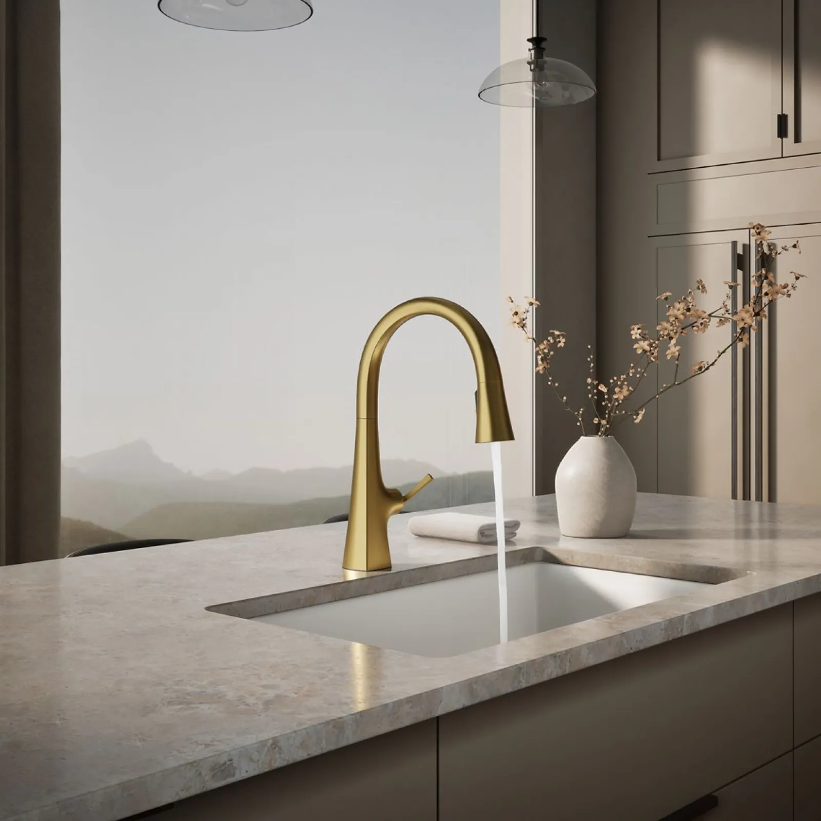Touchless pull-down kitchen sink faucet with three-function sprayhead^Kohler