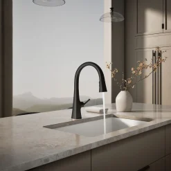 Touchless pull-down kitchen sink faucet with three-function sprayhead^Kohler