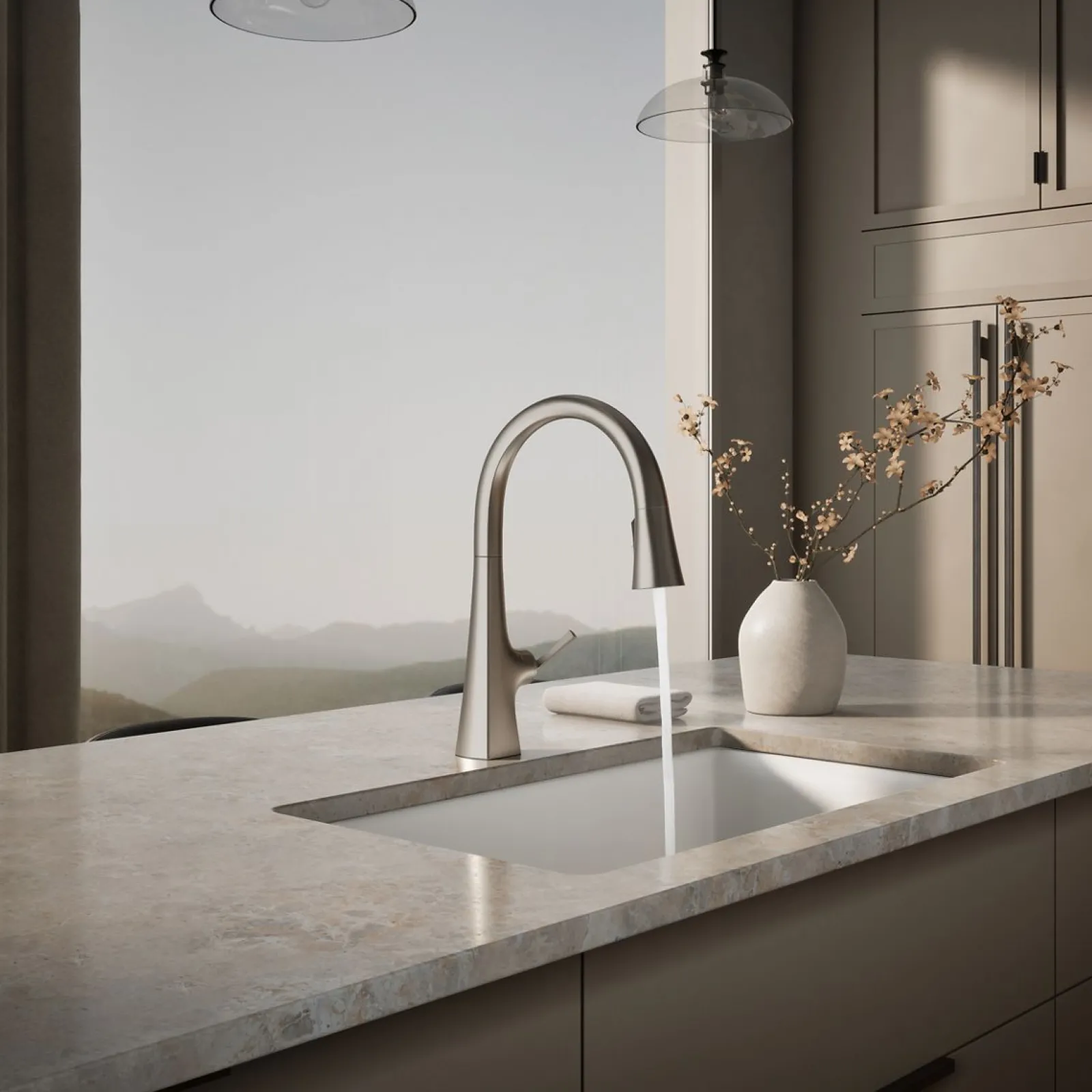 Touchless pull-down kitchen sink faucet with three-function sprayhead^Kohler