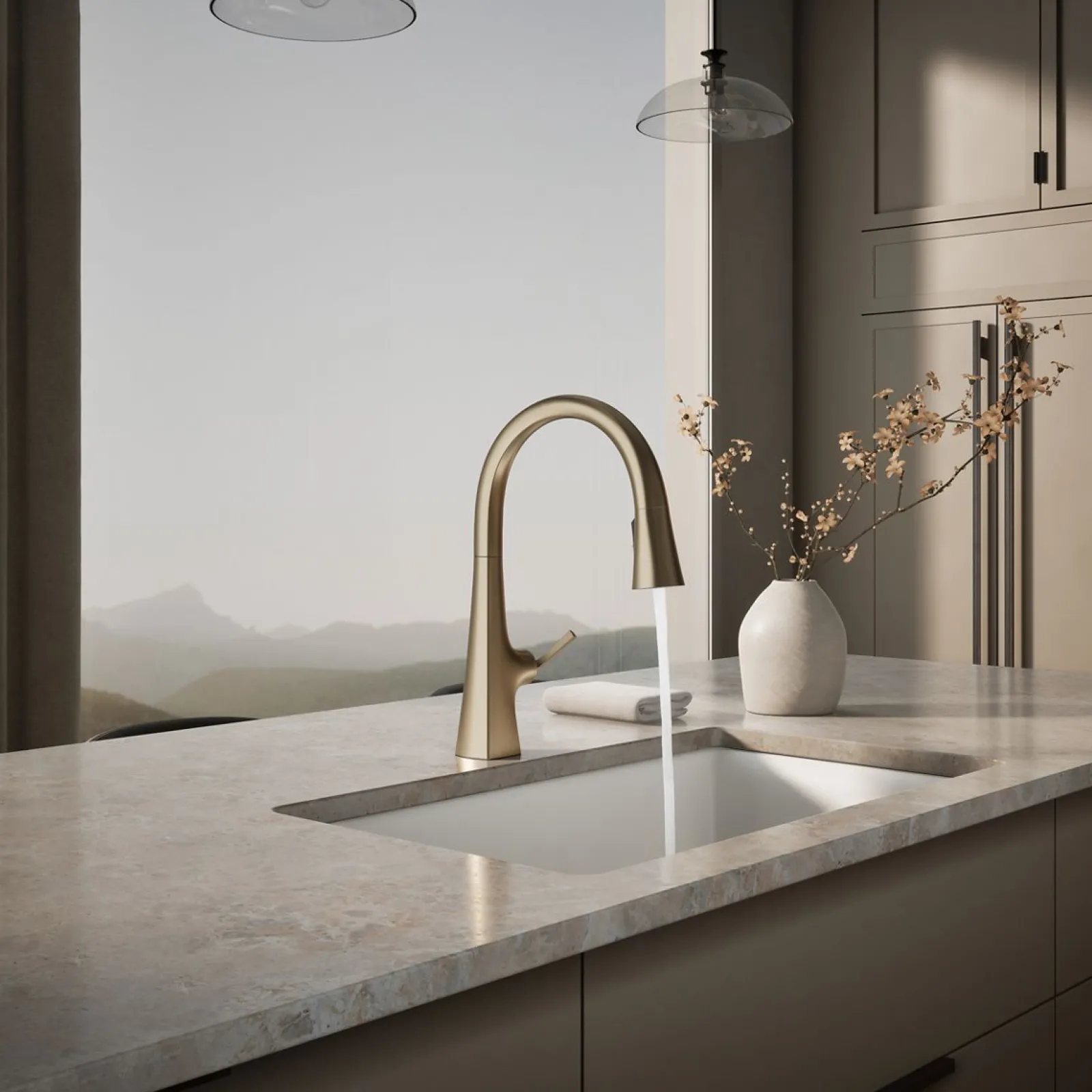 Touchless pull-down kitchen sink faucet with three-function sprayhead^Kohler