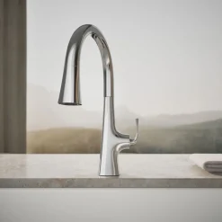Touchless pull-down kitchen sink faucet with three-function sprayhead^Kohler