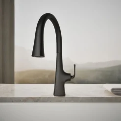 Touchless pull-down kitchen sink faucet with three-function sprayhead^Kohler