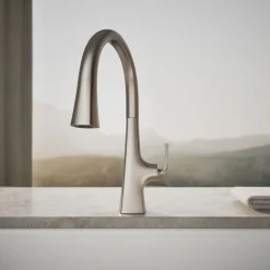 Touchless pull-down kitchen sink faucet with three-function sprayhead^Kohler