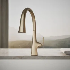 Touchless pull-down kitchen sink faucet with three-function sprayhead^Kohler