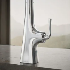 Touchless pull-down kitchen sink faucet with three-function sprayhead^Kohler