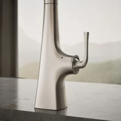 Touchless pull-down kitchen sink faucet with three-function sprayhead^Kohler