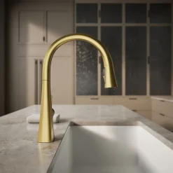 Touchless pull-down kitchen sink faucet with three-function sprayhead^Kohler