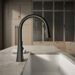 Touchless pull-down kitchen sink faucet with three-function sprayhead^Kohler