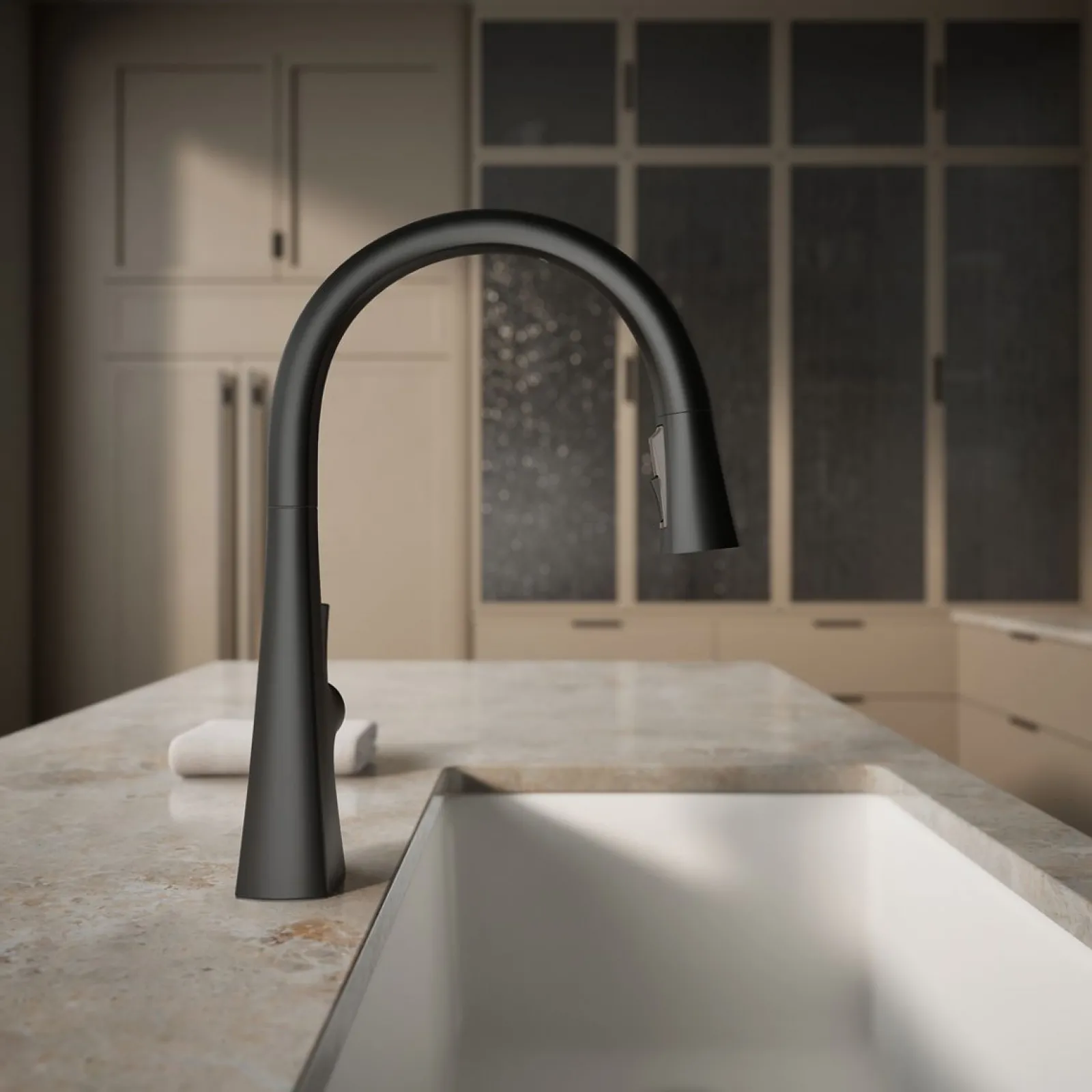 Touchless pull-down kitchen sink faucet with three-function sprayhead^Kohler