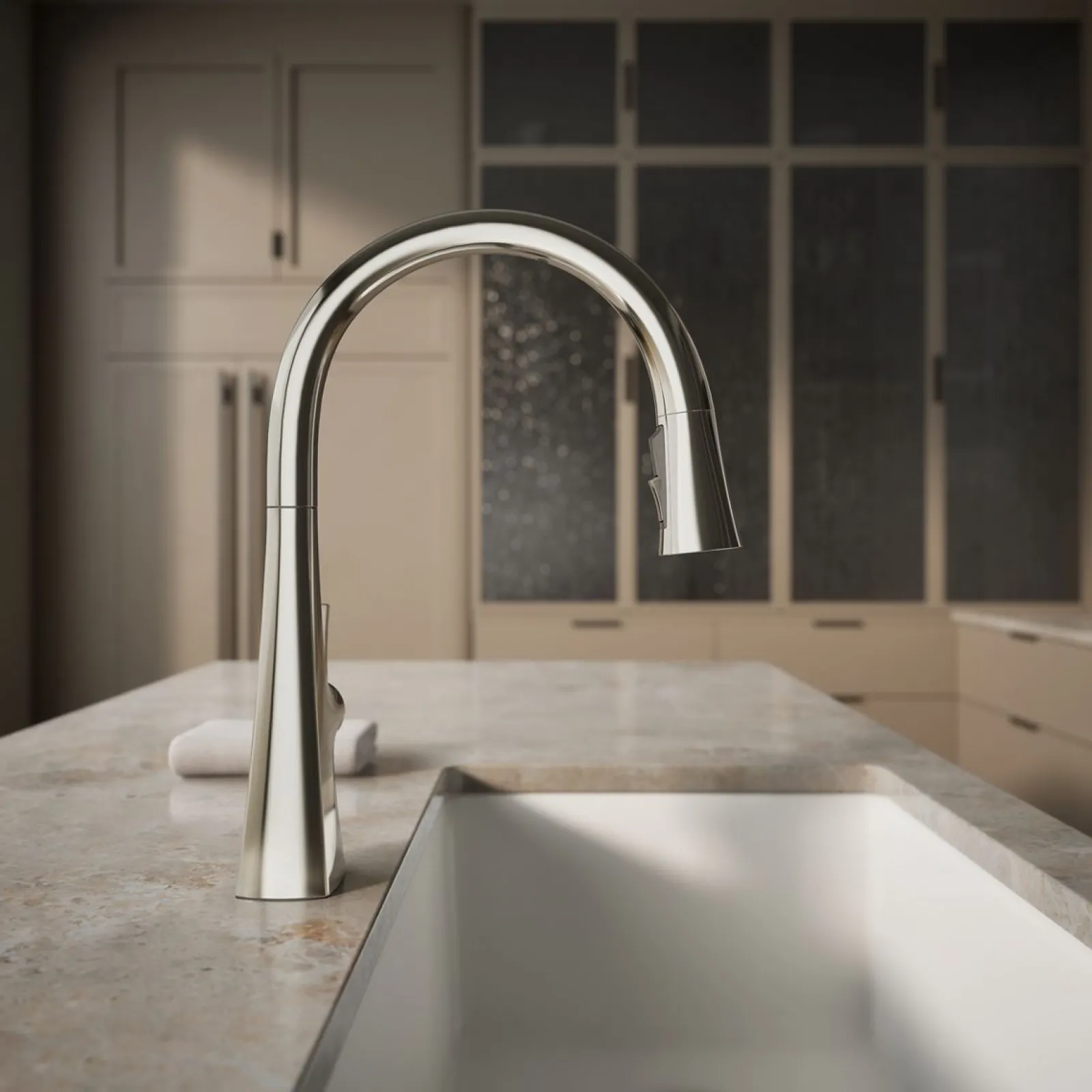 Touchless pull-down kitchen sink faucet with three-function sprayhead^Kohler