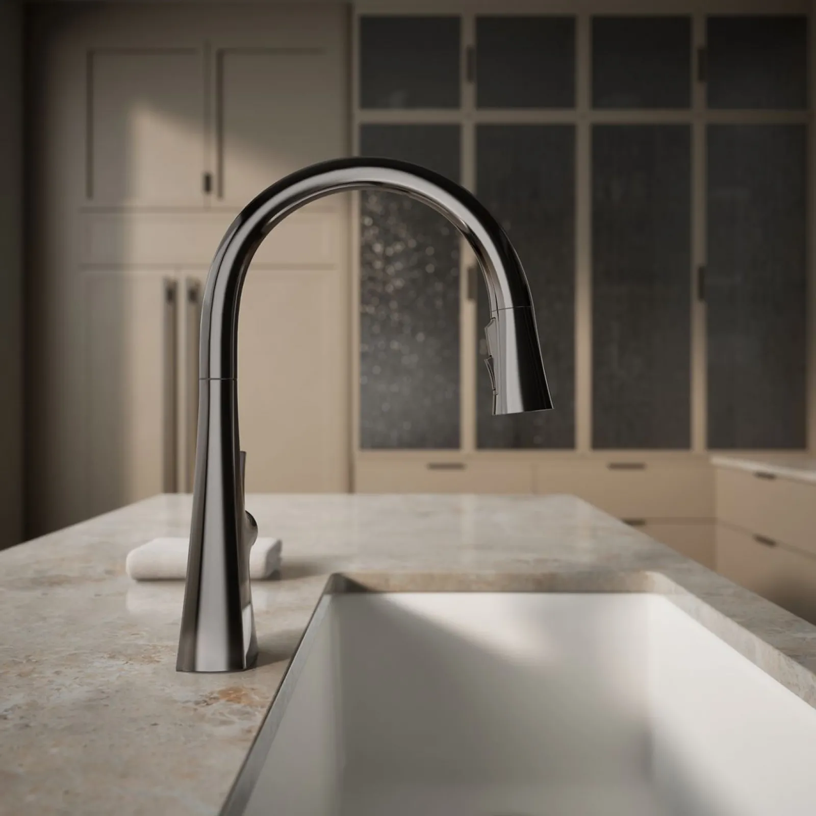 Touchless pull-down kitchen sink faucet with three-function sprayhead^Kohler