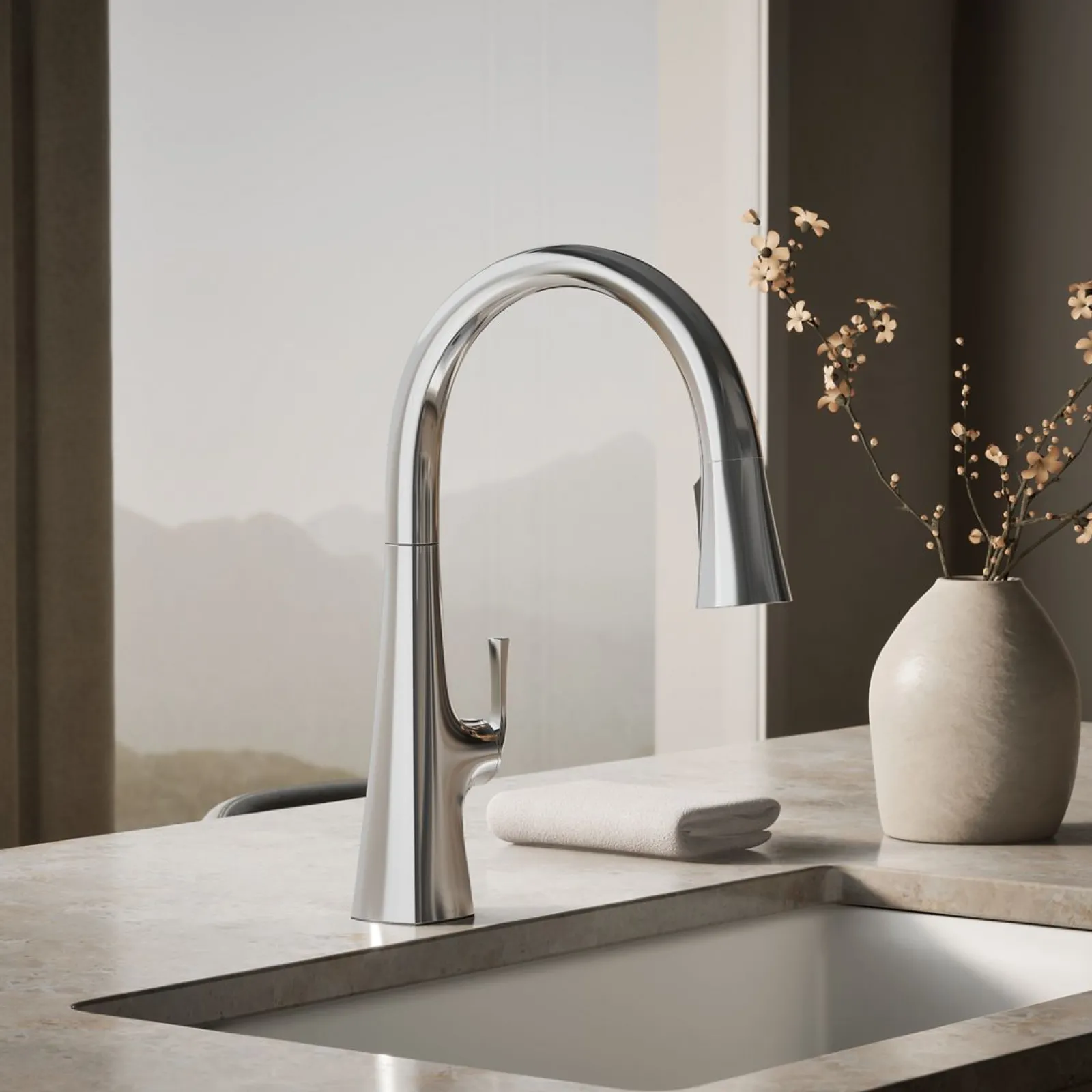 Touchless pull-down kitchen sink faucet with three-function sprayhead^Kohler