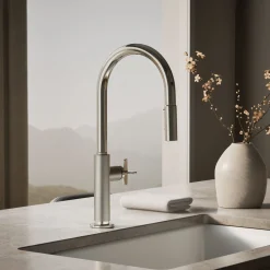Touchless pull-down kitchen sink faucet with two-function sprayhead^Kohler Hot
