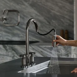Touchless pull-down kitchen sink faucet with two-function sprayhead^Kohler