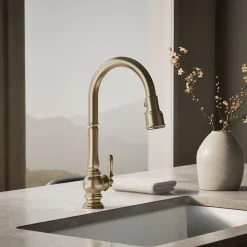 Touchless pull-down kitchen sink faucet with three-function sprayhead^Kohler