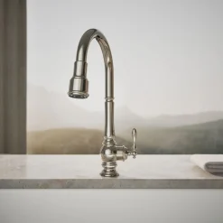 Touchless pull-down kitchen sink faucet with three-function sprayhead^Kohler