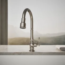 Touchless pull-down kitchen sink faucet with three-function sprayhead^Kohler