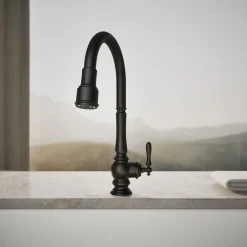 Touchless pull-down kitchen sink faucet with three-function sprayhead^Kohler