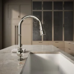 Touchless pull-down kitchen sink faucet with three-function sprayhead^Kohler