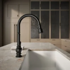 Touchless pull-down kitchen sink faucet with three-function sprayhead^Kohler