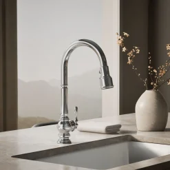 Touchless pull-down kitchen sink faucet with three-function sprayhead^Kohler