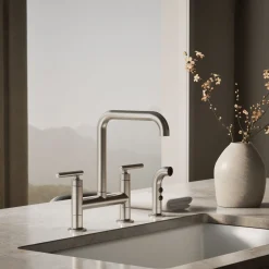 Two-hole bridge kitchen sink faucet with side sprayer^Kohler Hot