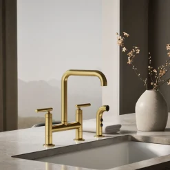 Two-hole bridge kitchen sink faucet with side sprayer^Kohler Hot