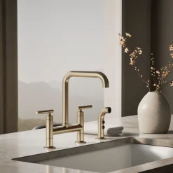 Two-hole bridge kitchen sink faucet with side sprayer^Kohler Hot