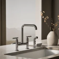 Two-hole bridge kitchen sink faucet with side sprayer^Kohler Hot