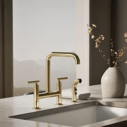 Two-hole bridge kitchen sink faucet with side sprayer^Kohler Hot