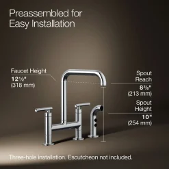 Two-hole bridge kitchen sink faucet with side sprayer^Kohler Hot