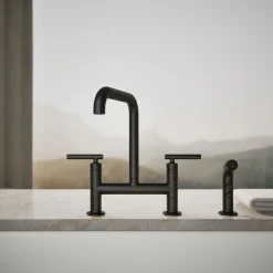 Two-hole bridge kitchen sink faucet with side sprayer^Kohler Hot