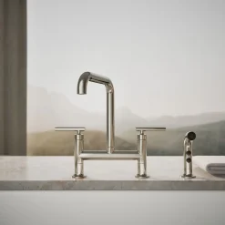 Two-hole bridge kitchen sink faucet with side sprayer^Kohler Hot