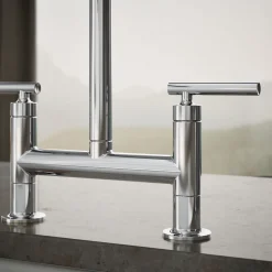 Two-hole bridge kitchen sink faucet with side sprayer^Kohler Hot