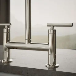 Two-hole bridge kitchen sink faucet with side sprayer^Kohler Hot