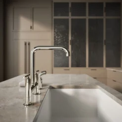 Two-hole bridge kitchen sink faucet with side sprayer^Kohler Hot